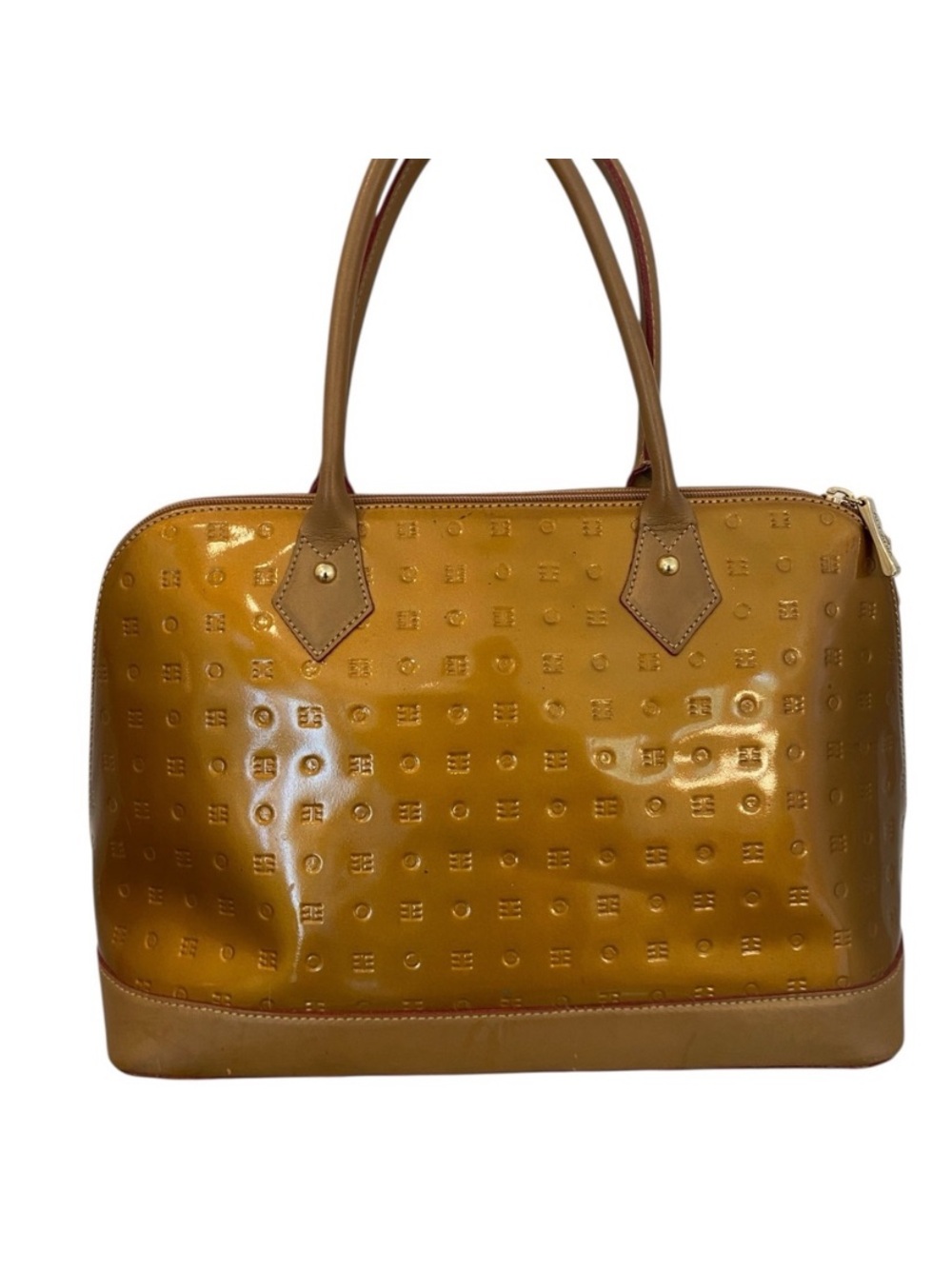 Arcadia Womens Gold Patent Leather Satchel Purse Medium Y2k Vintage Top Handle - Picture 4 of 14
